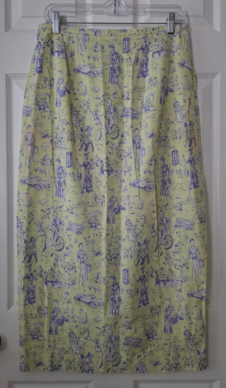Sharon Young Vintage Yellow & Purple Toile Print Linen Blend Skirt Size 8